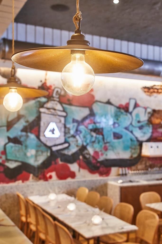 Close-up of Interior Lighting at Frankie B's Food House Parramatta with Artistic Graffiti Wall